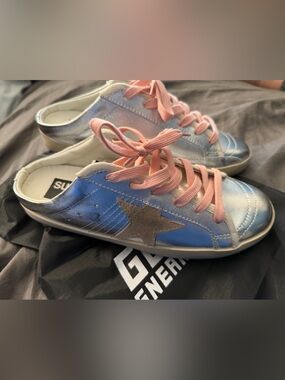 Fashion  Metallic silver golden lime  Sneakers with Pink Laces